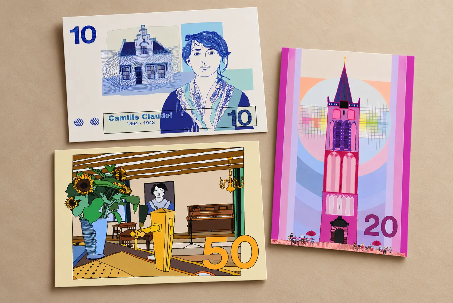 De kadokaarten van Café Camille van € 10, € 20 en € 50 samen afgebeeld